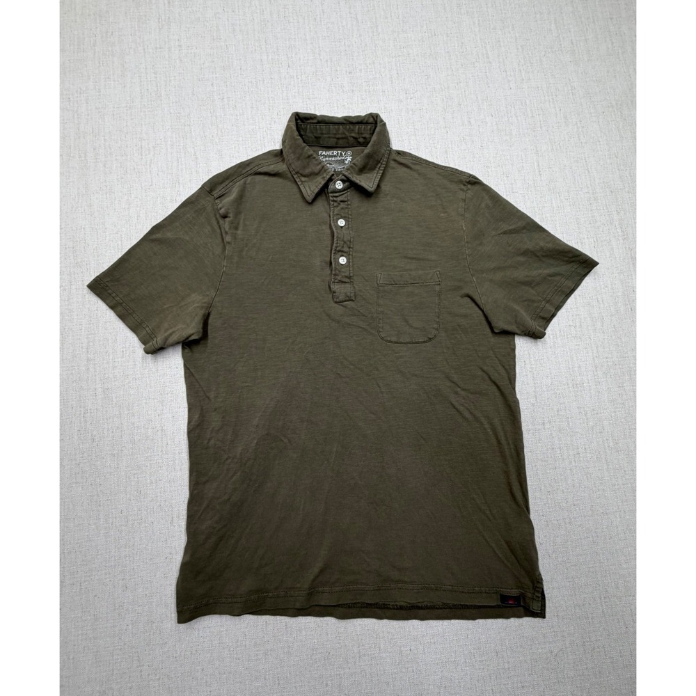 Faherty Sunwashed Polo Shirt Mens Medium Olive Green Organic Cotton Slub Pocket
